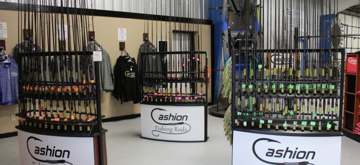 fishing rods in a display case