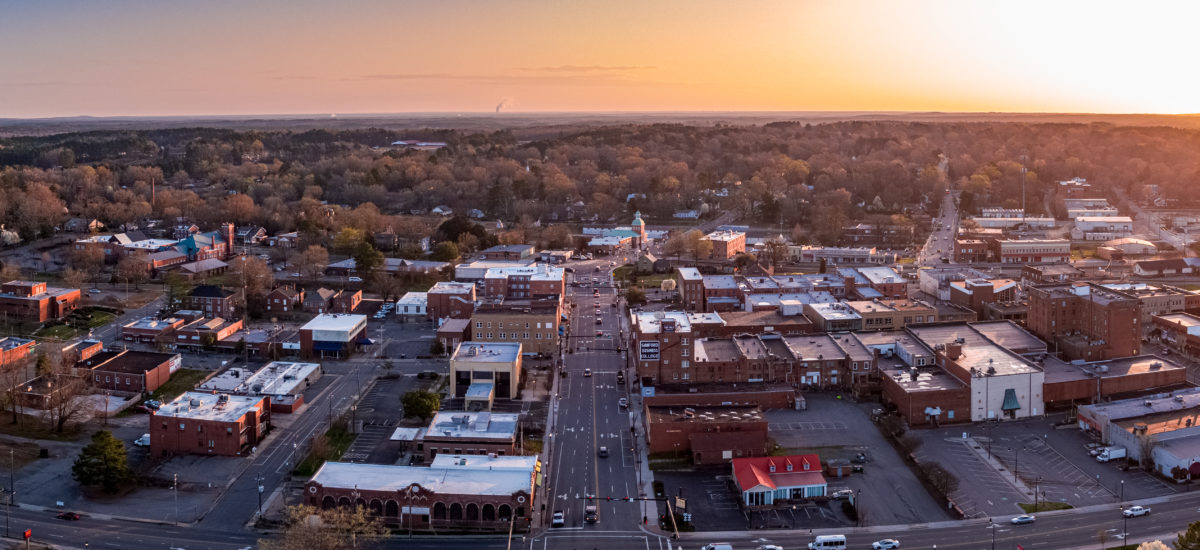 Aerial of Sanford at sunset.