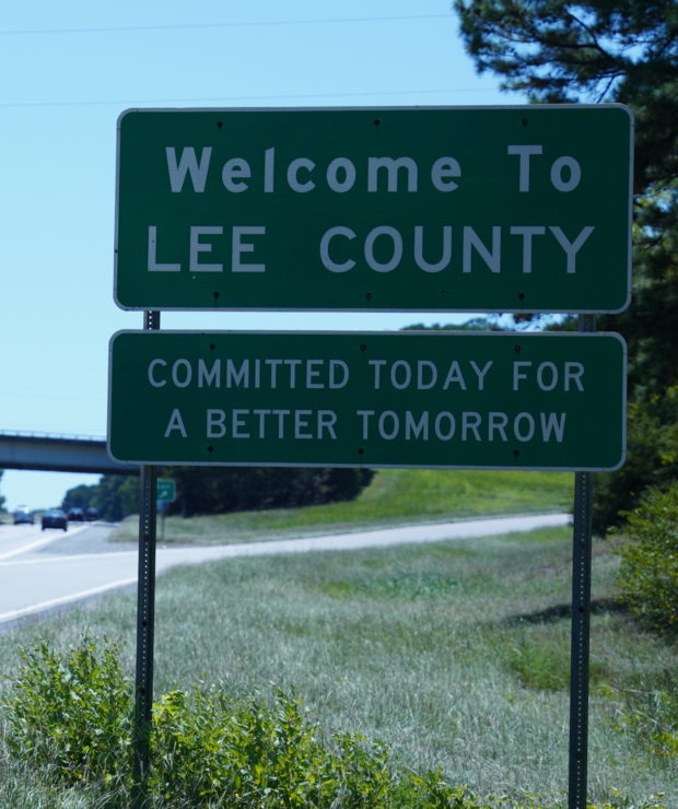 Highway sign that reads 'welcome to Lee county.' Credit: Ahmod Goins
