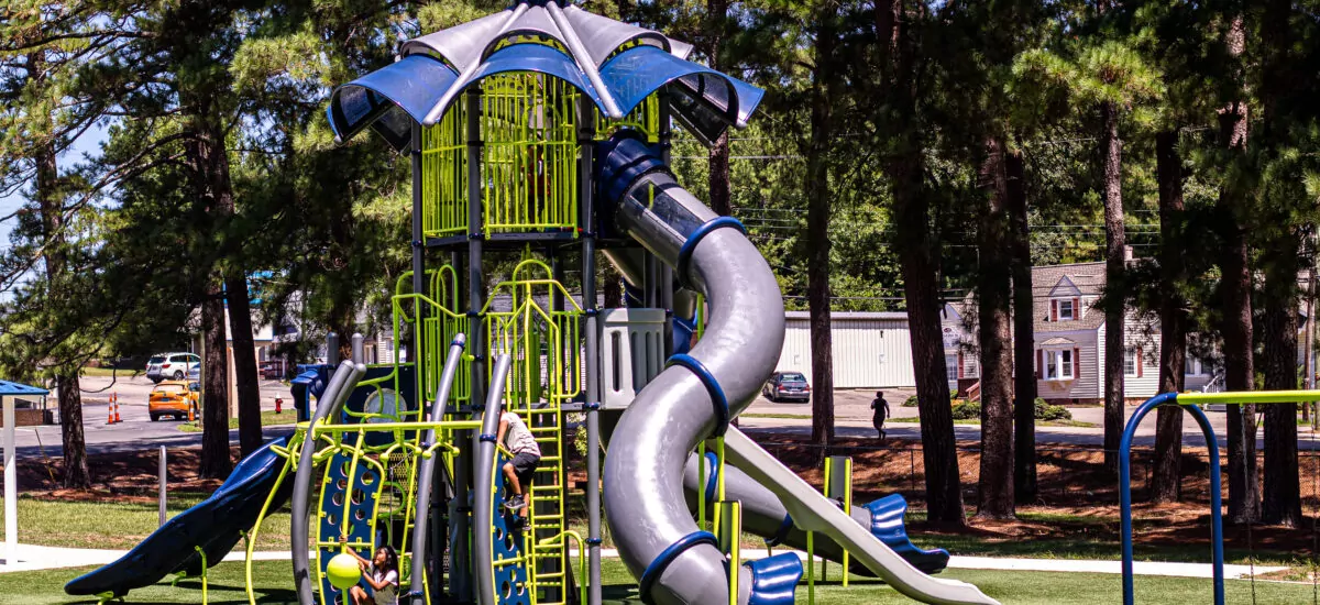 picture of a playground in a wooded area