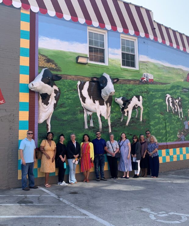 leadership sanford participants staning in front of a mural of cows in a pasture of green grass